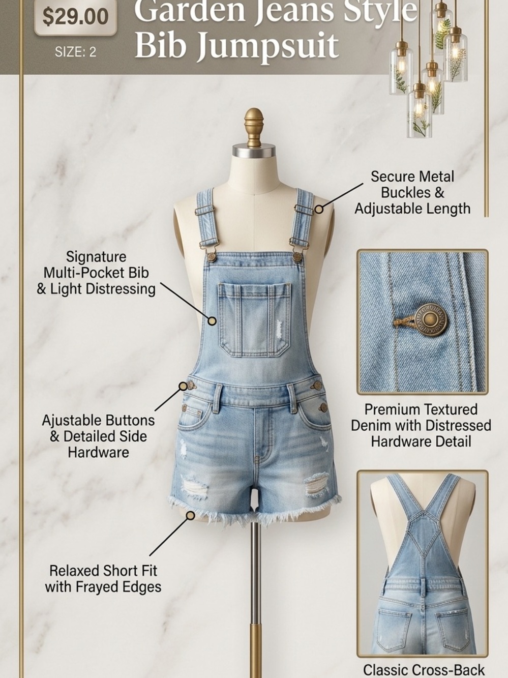 Light Wash Denim Bib Short Jumpsuit